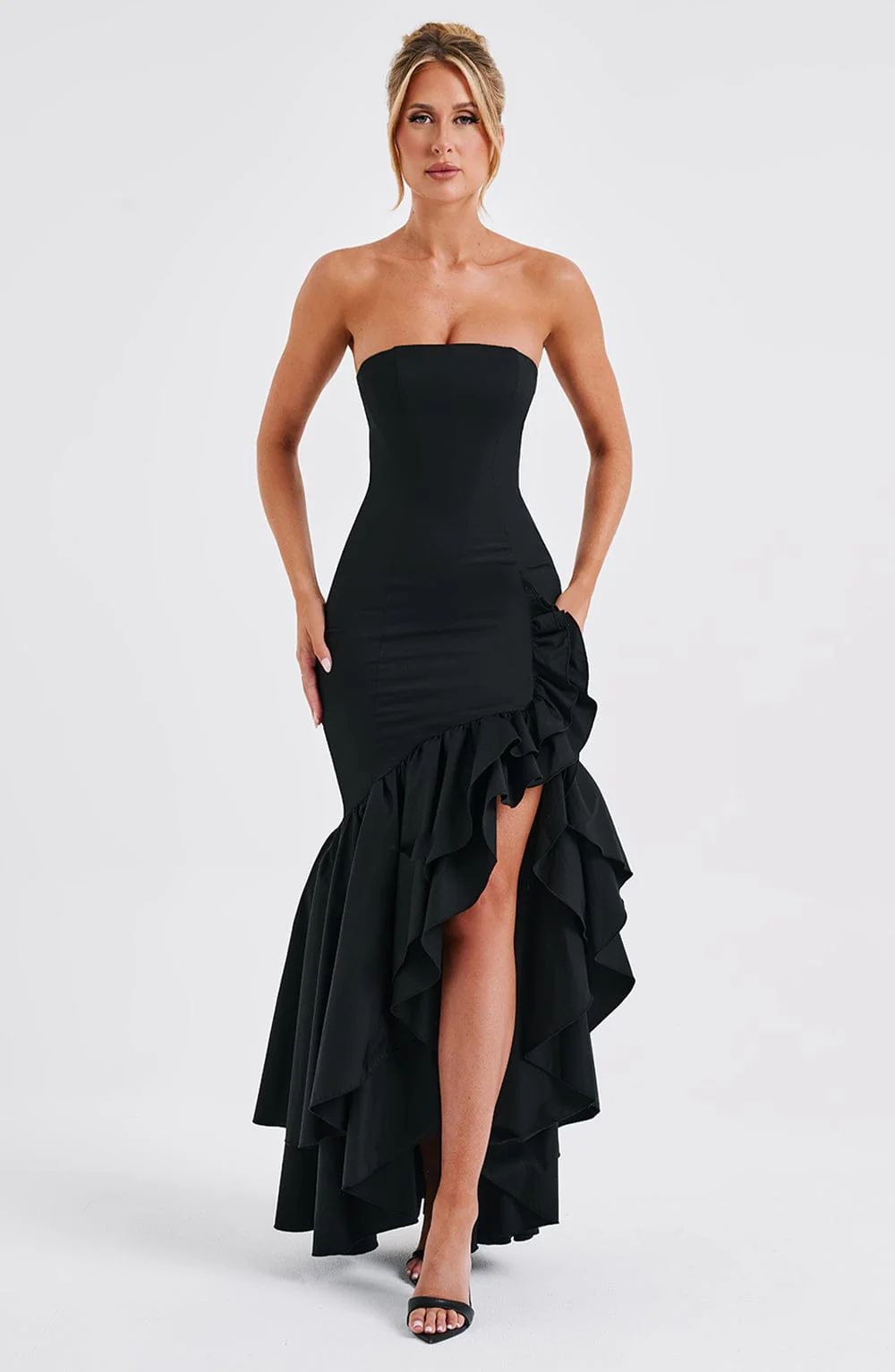 Vestido Feminino Longo com Fenda e Babados Tomara que Caia – Riviera