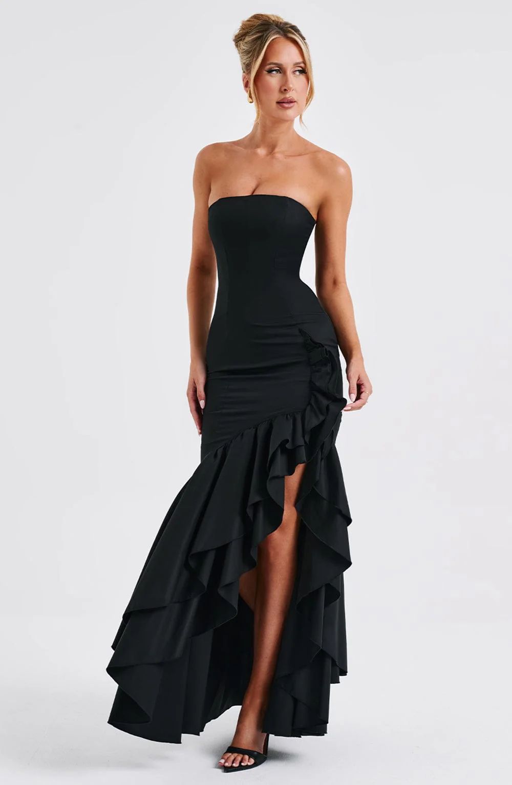Vestido Feminino Longo com Fenda e Babados Tomara que Caia – Riviera