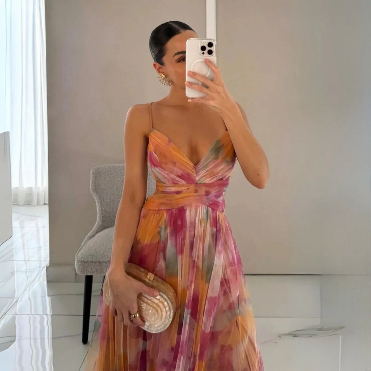 Vestido Feminino Longo Floral de Alcinhas com Decote V – Toscana