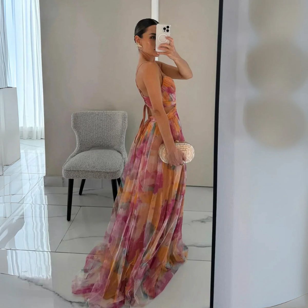 Vestido Feminino Longo Floral de Alcinhas com Decote V – Toscana