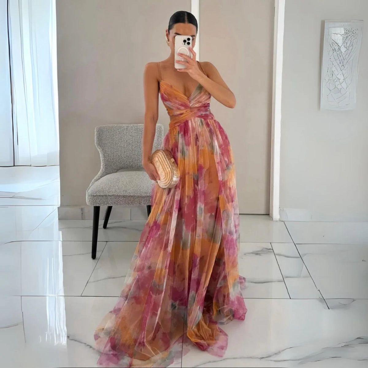 Vestido Feminino Longo Floral de Alcinhas com Decote V – Toscana