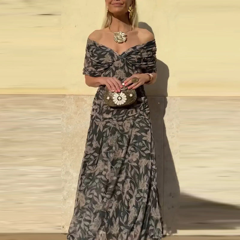 Vestido Feminino Longo Ombro a Ombro Estampado com Franzido – Positano