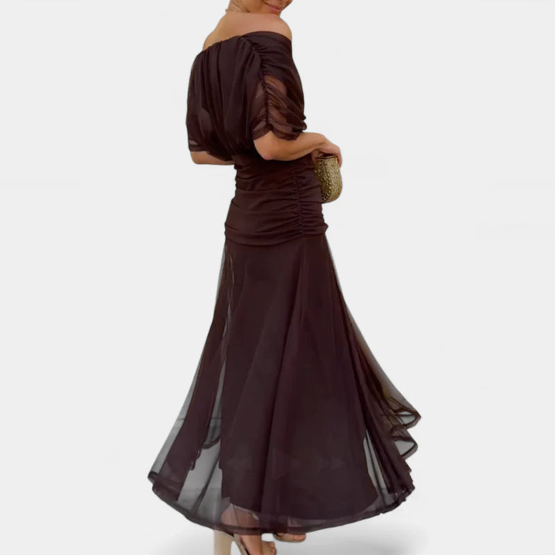 Vestido Feminino Longo Ombro a Ombro Estampado com Franzido – Positano