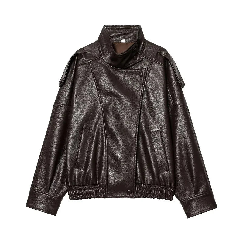 Jaqueta Feminina de Couro Premium Oversized Gola Alta – Bruges