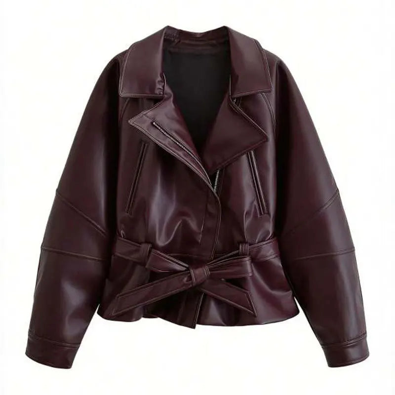 Jaqueta Feminina de Couro Legítimo Oversized com Cinto – Capri