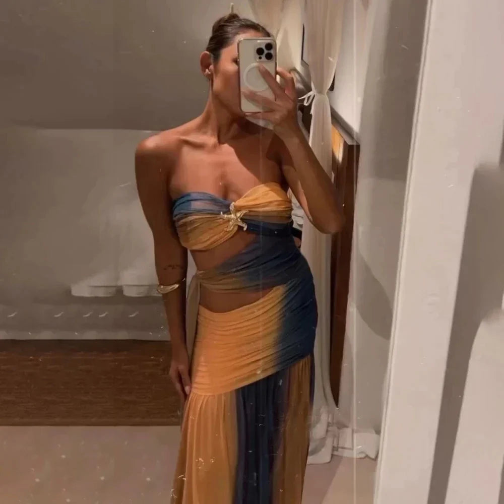 Vestido Feminino Longo Tomara que Caia Degradê com Cut-Out – Maresia