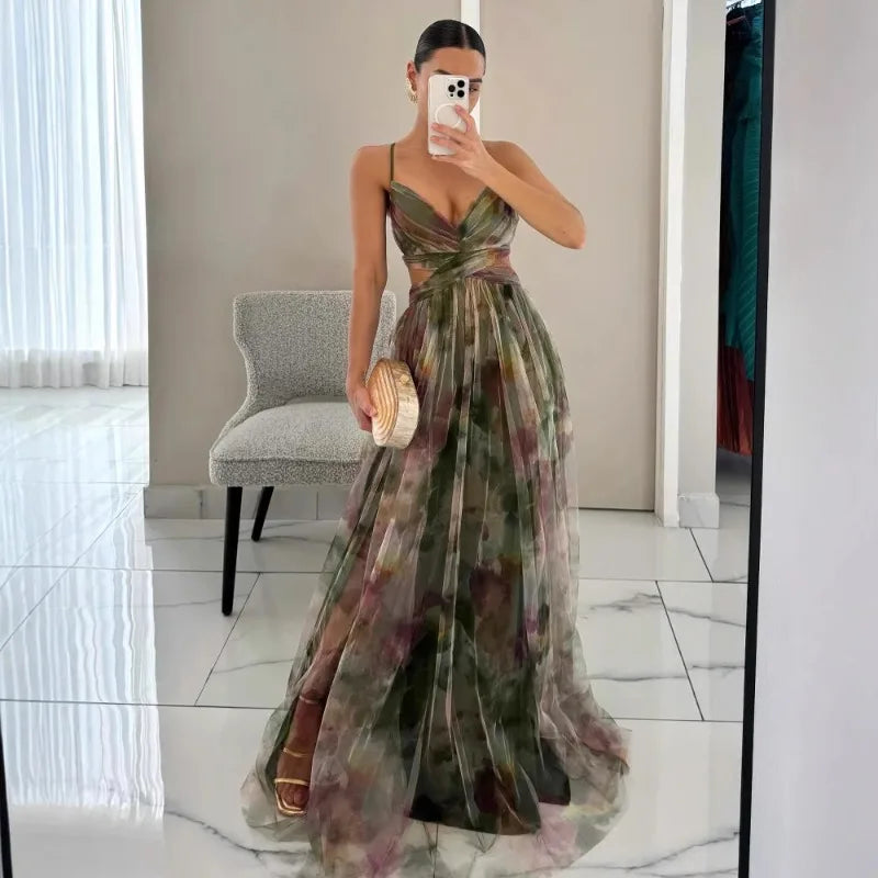 Vestido Feminino Longo Floral de Alcinhas com Decote V – Toscana