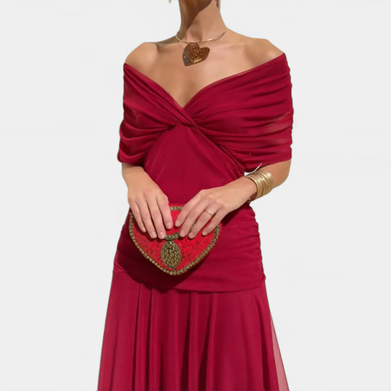 Vestido Feminino Longo Ombro a Ombro Estampado com Franzido – Positano