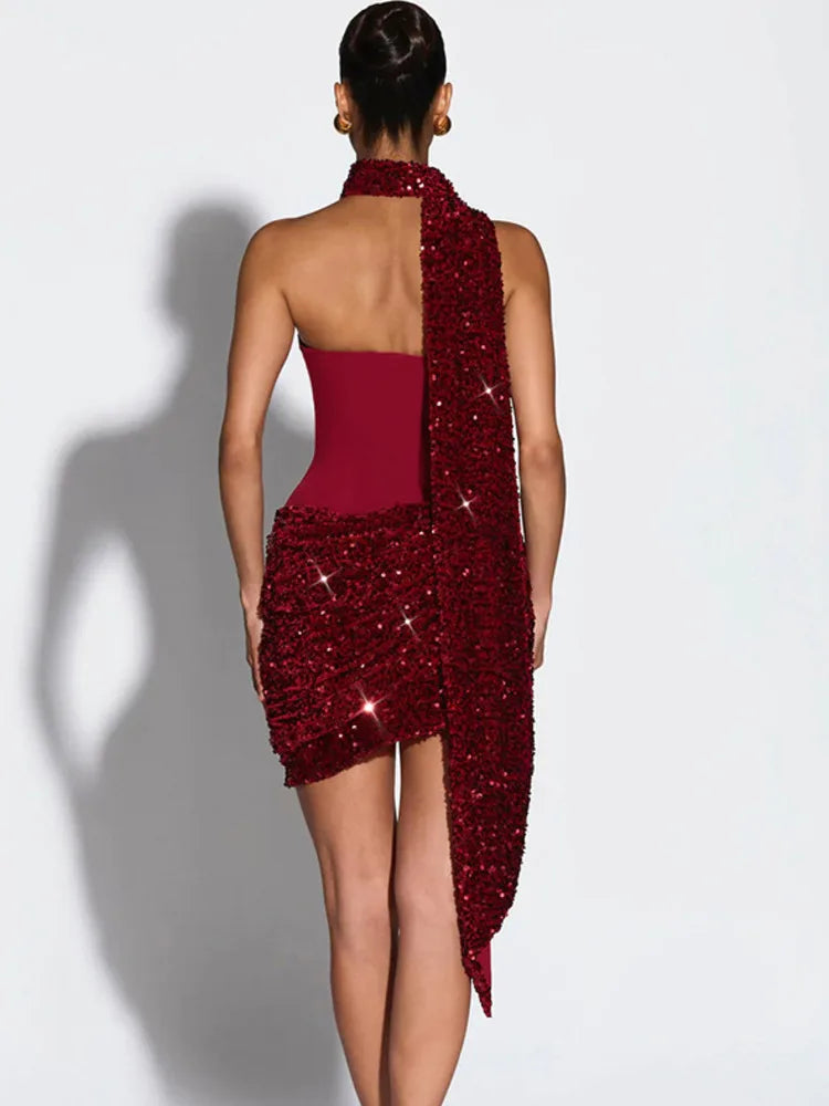 Vestido Feminino Curto de Paetê Tomara que Caia com Drapeado – Gatsby