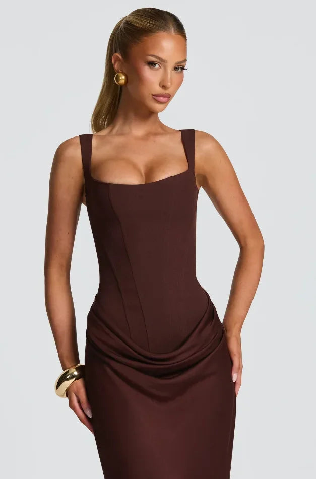 Vestido Feminino Longo com Corselet Estruturado e Decote Quadrado – Mia