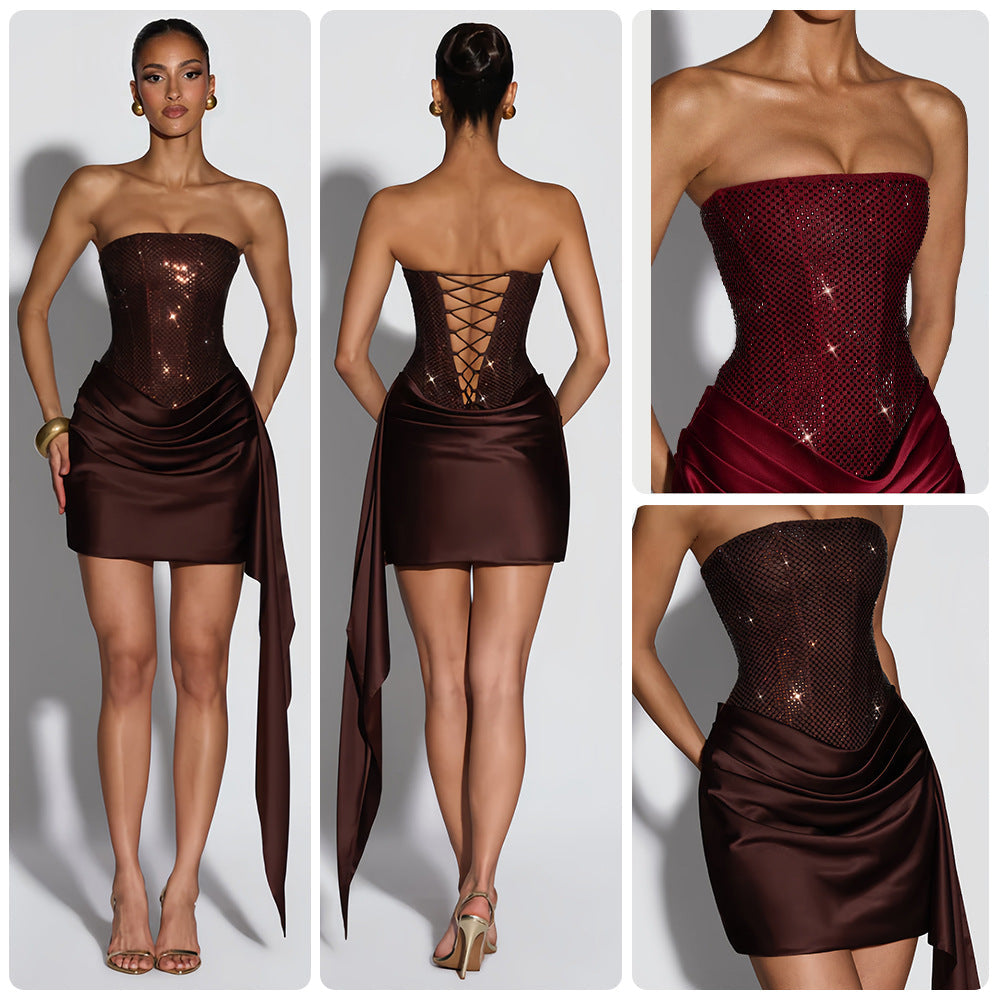 Vestido Feminino Curto de Paetê com Saia de Cetim e Drapeado – Chantilly