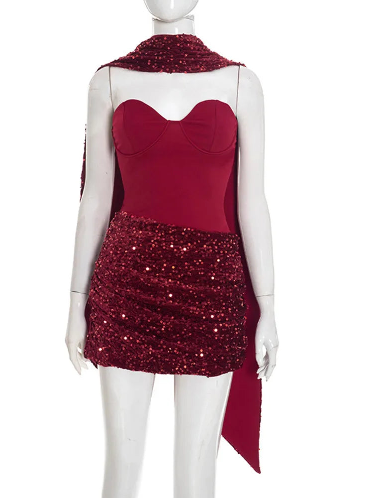 Vestido Feminino Curto de Paetê Tomara que Caia com Drapeado – Gatsby