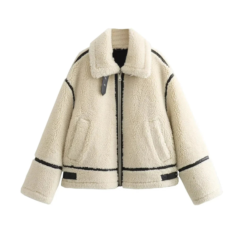Jaqueta Feminina Peluciada Teddy com Detalhes em Couro – Oslo