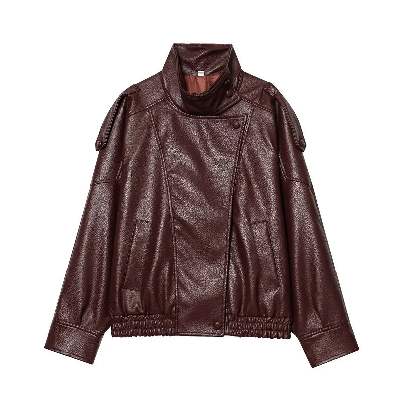 Jaqueta Feminina de Couro Premium Oversized Gola Alta – Bruges