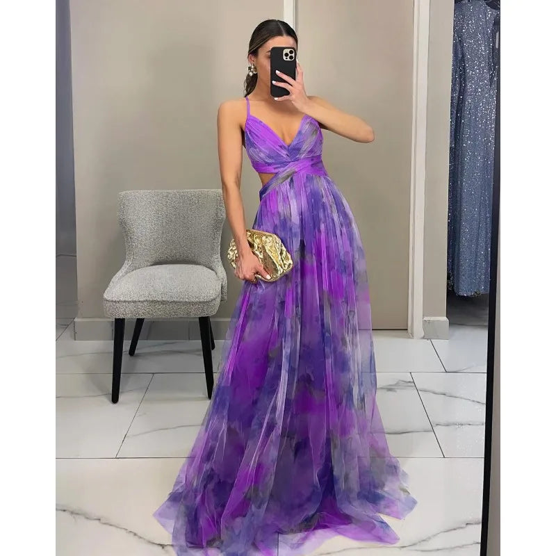 Vestido Feminino Longo Floral de Alcinhas com Decote V – Toscana