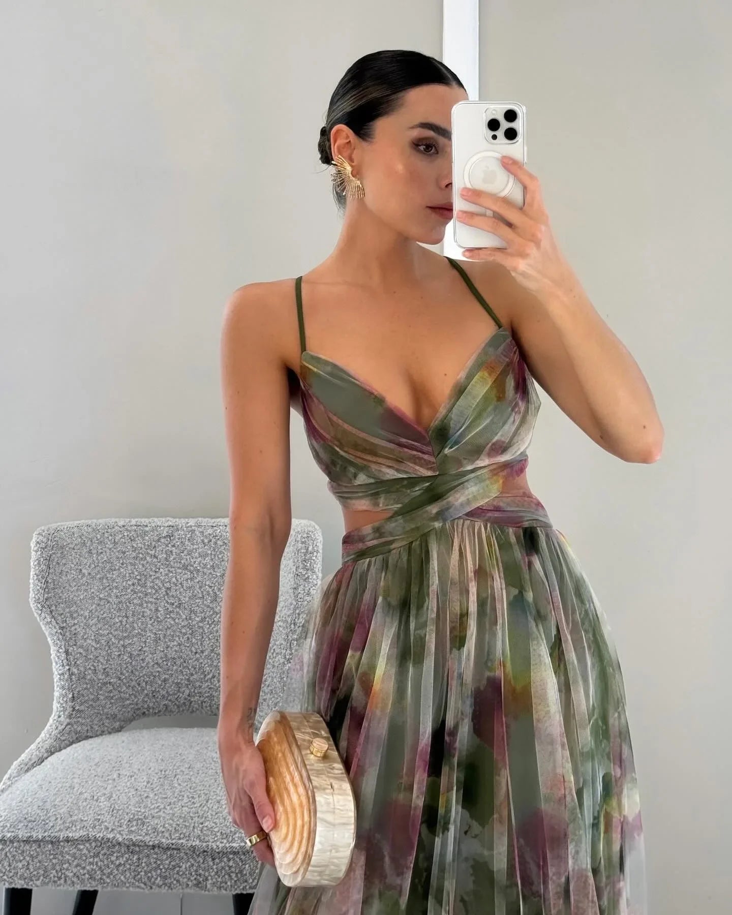 Vestido Feminino Longo Floral de Alcinhas com Decote V – Toscana