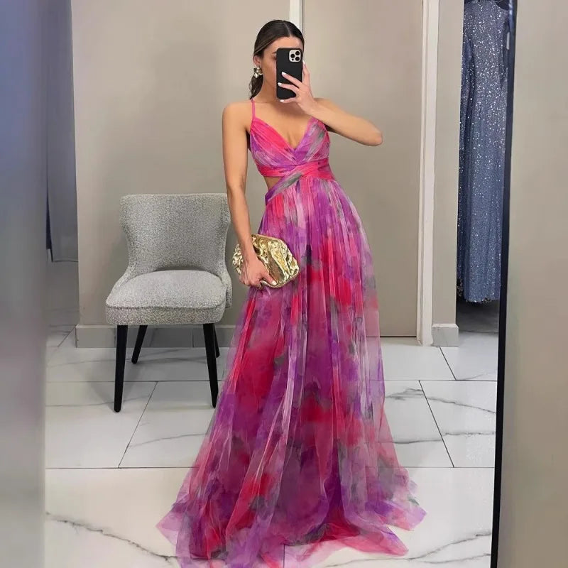 Vestido Feminino Longo Floral de Alcinhas com Decote V – Toscana