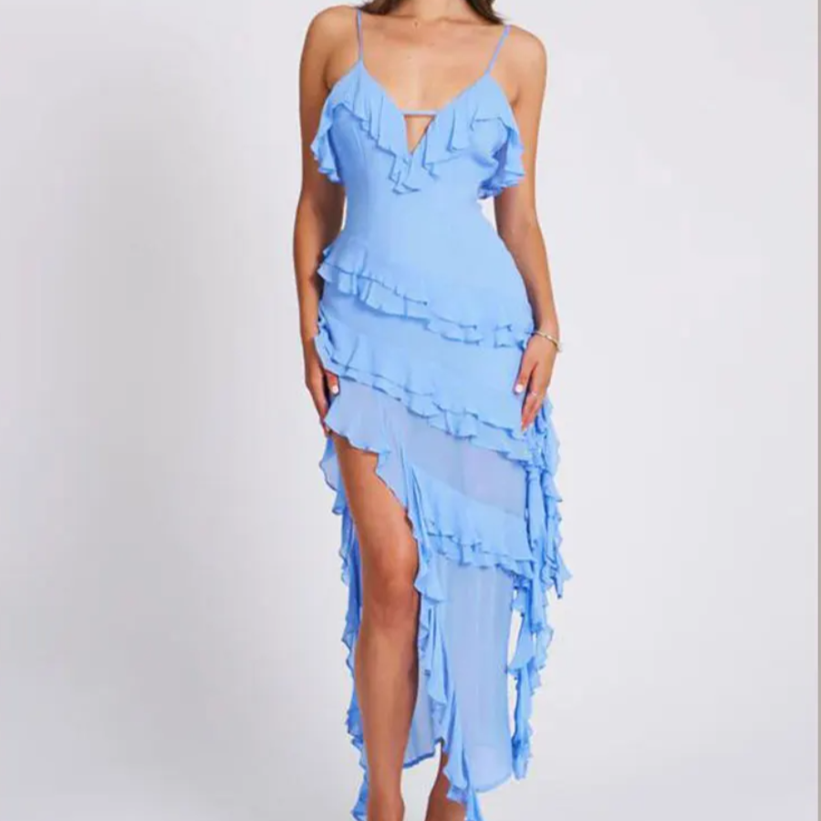 Vestido Longo de Babados com Fenda Lateral - Jade