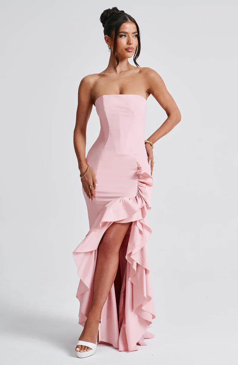Vestido Feminino Longo com Fenda e Babados Tomara que Caia – Riviera