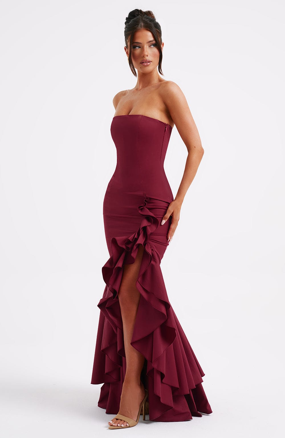 Vestido Feminino Longo com Fenda e Babados Tomara que Caia – Riviera