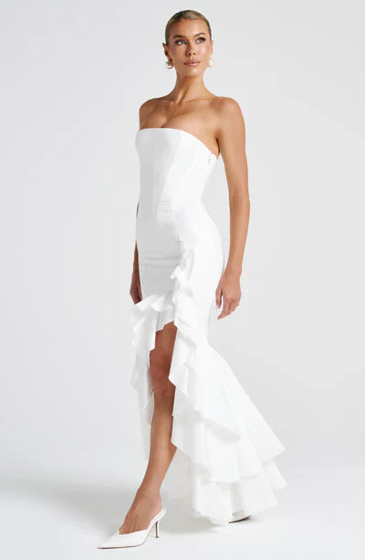 Vestido Feminino Longo com Fenda e Babados Tomara que Caia – Riviera