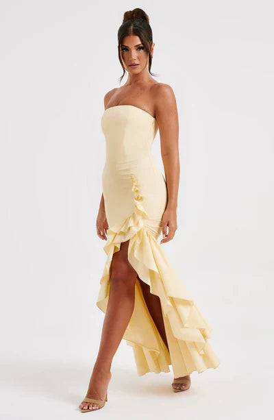 Vestido Feminino Longo com Fenda e Babados Tomara que Caia – Riviera
