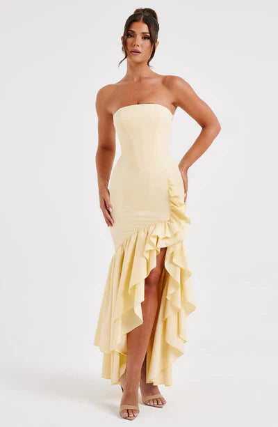 Vestido Feminino Longo com Fenda e Babados Tomara que Caia – Riviera