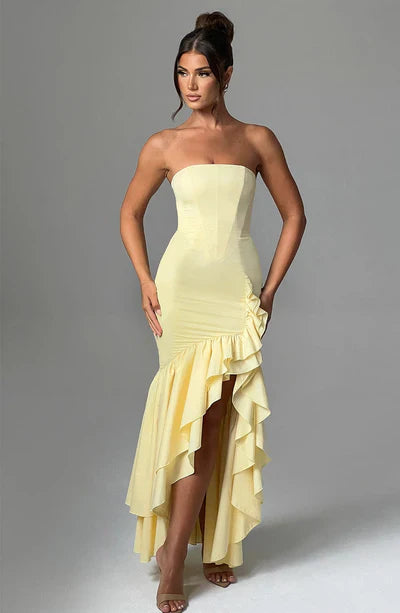 Vestido Feminino Longo com Fenda e Babados Tomara que Caia – Riviera