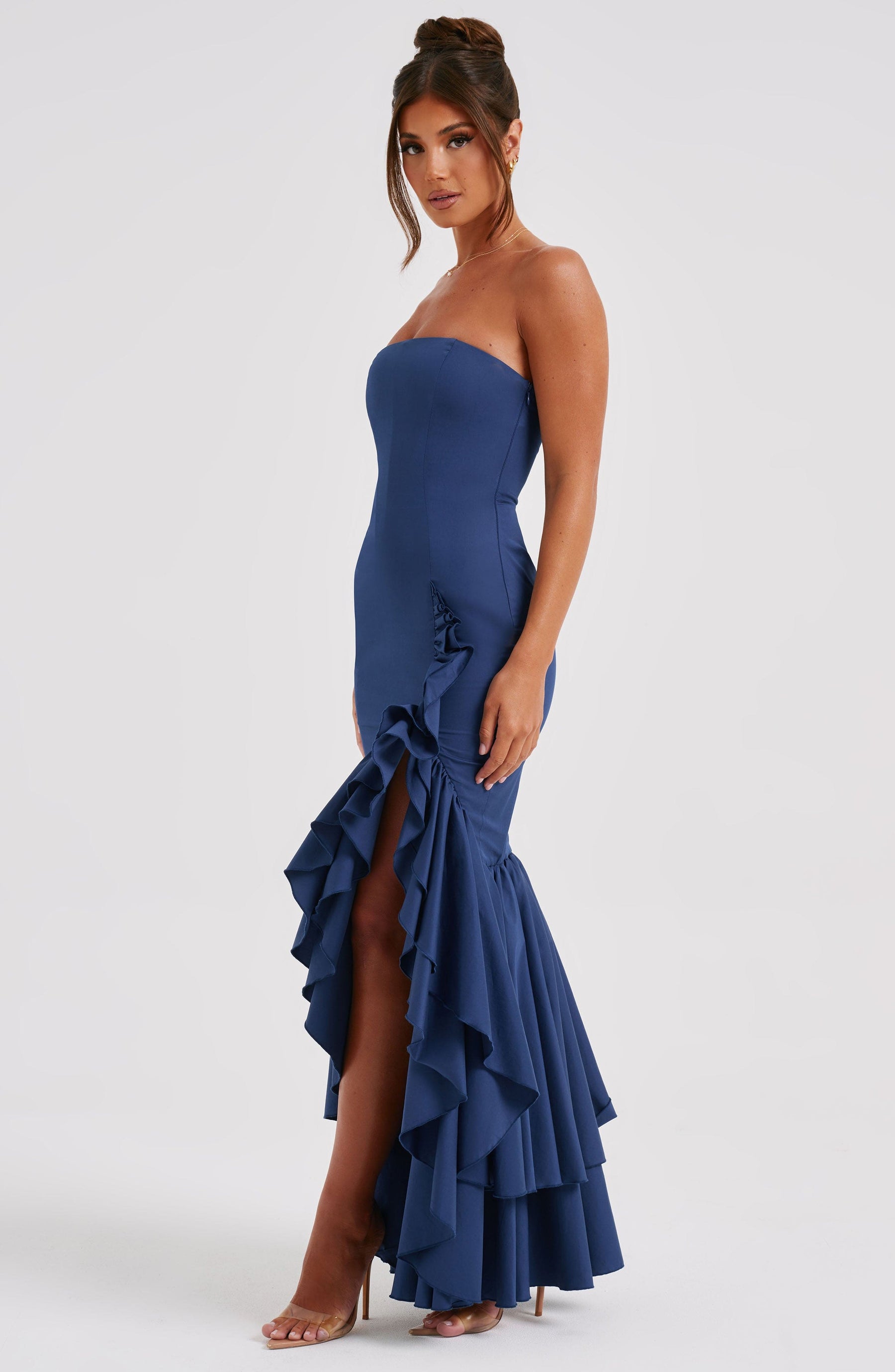 Vestido Feminino Longo com Fenda e Babados Tomara que Caia – Riviera