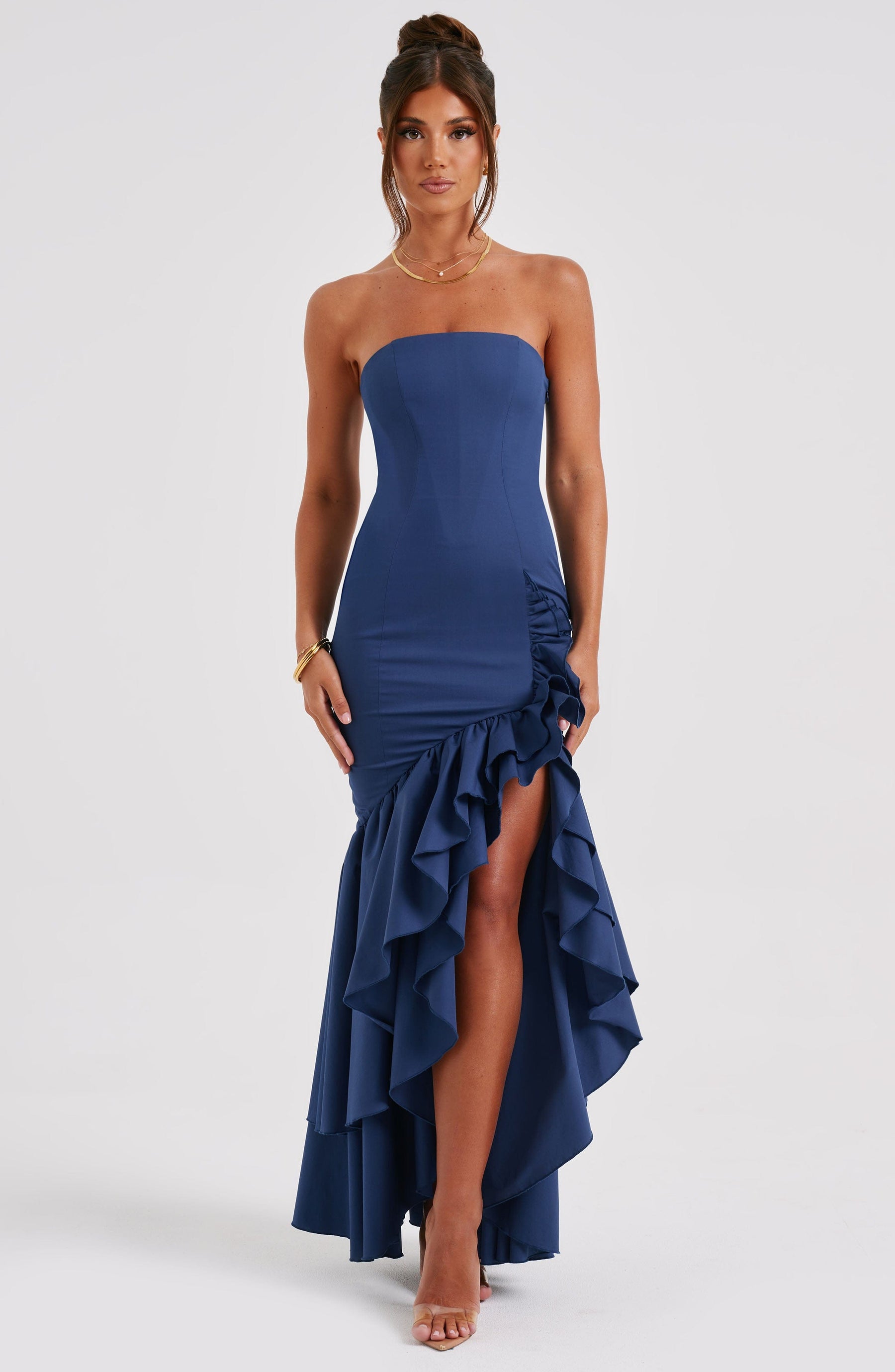 Vestido Feminino Longo com Fenda e Babados Tomara que Caia – Riviera