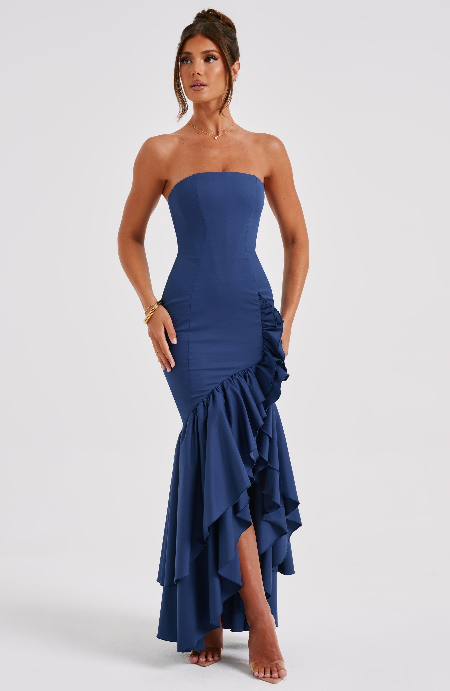 Vestido Feminino Longo com Fenda e Babados Tomara que Caia – Riviera