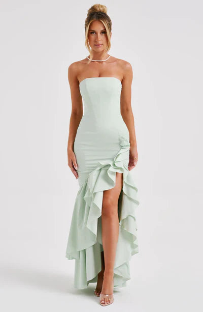 Vestido Feminino Longo com Fenda e Babados Tomara que Caia – Riviera
