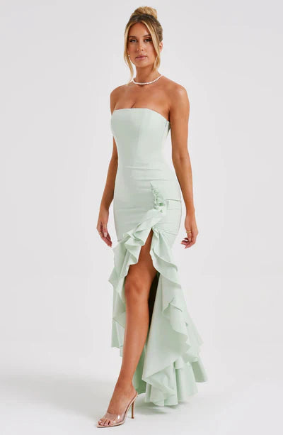 Vestido Feminino Longo com Fenda e Babados Tomara que Caia – Riviera
