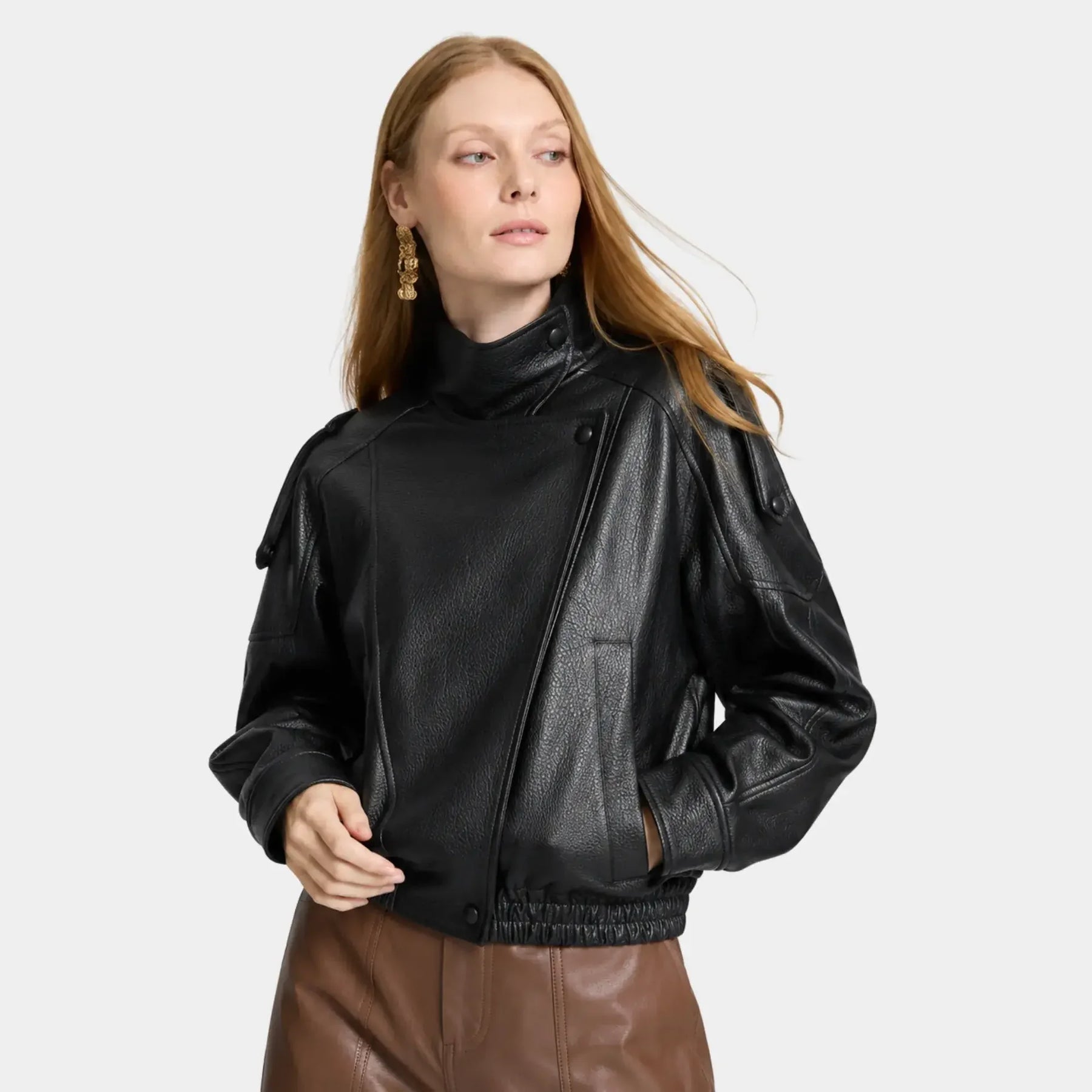 Jaqueta Feminina de Couro Premium Oversized Gola Alta – Bruges