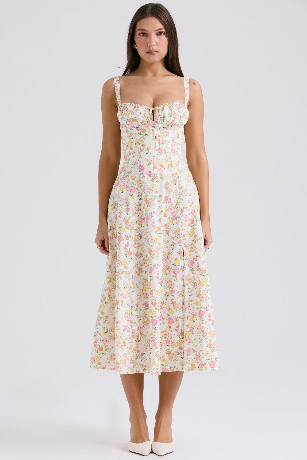 Vestido Midi Floral com Corselete e Fenda Frontal — Florence
