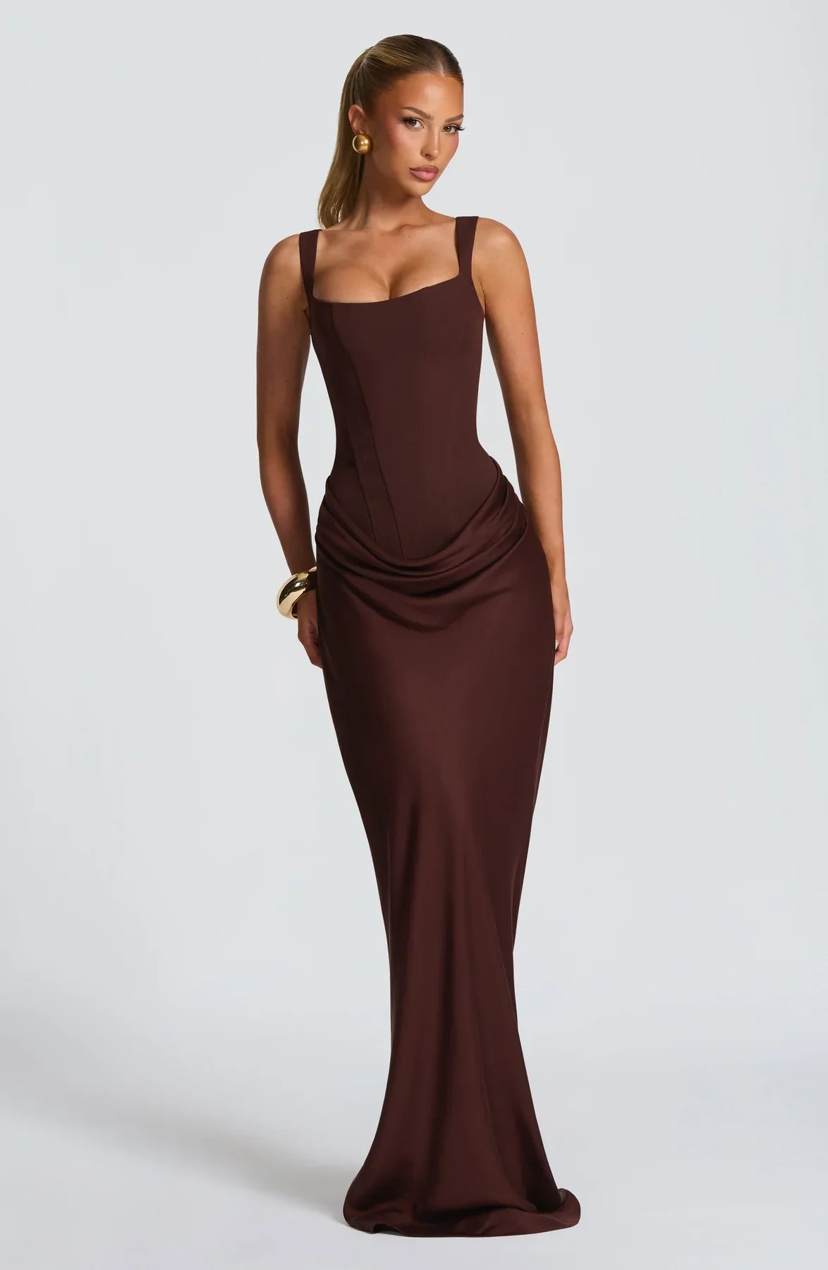 Vestido Feminino Longo com Corselet Estruturado e Decote Quadrado – Mia