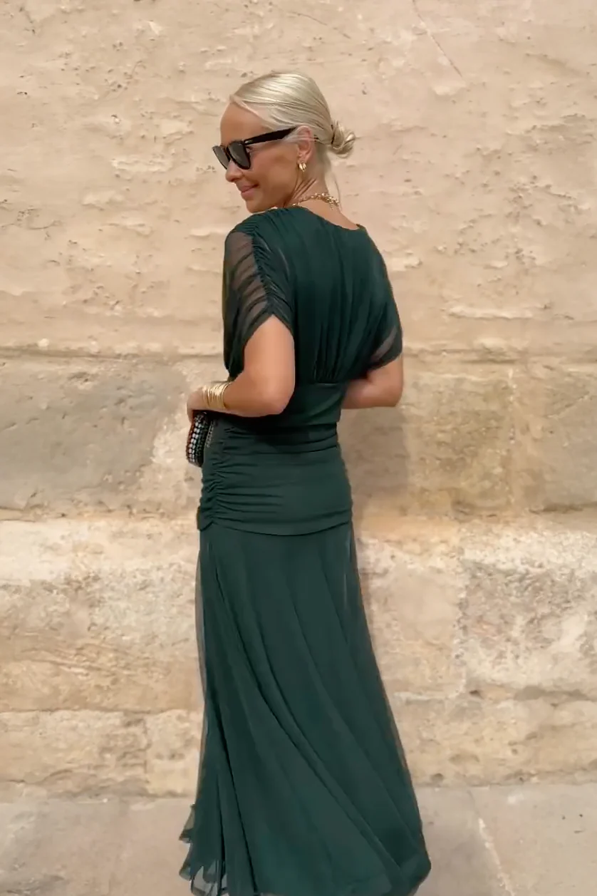 Vestido Feminino Longo Ombro a Ombro Estampado com Franzido – Positano