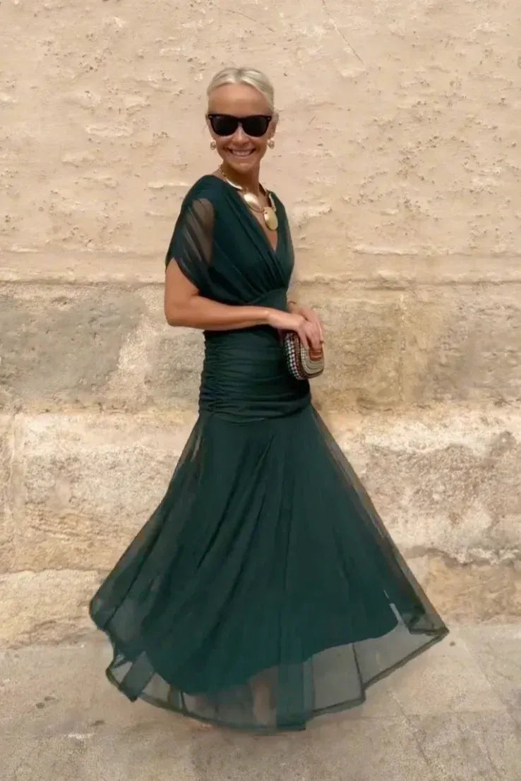 Vestido Feminino Longo Ombro a Ombro Estampado com Franzido – Positano
