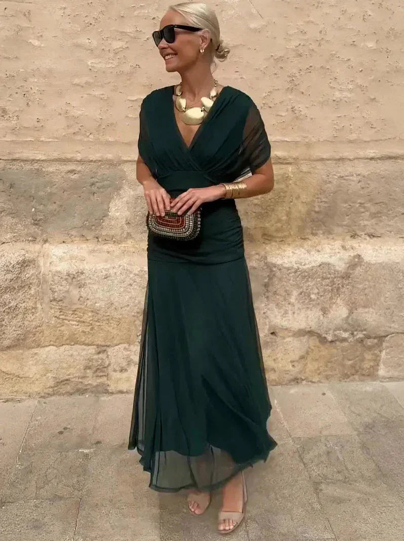 Vestido Feminino Longo Ombro a Ombro Estampado com Franzido – Positano