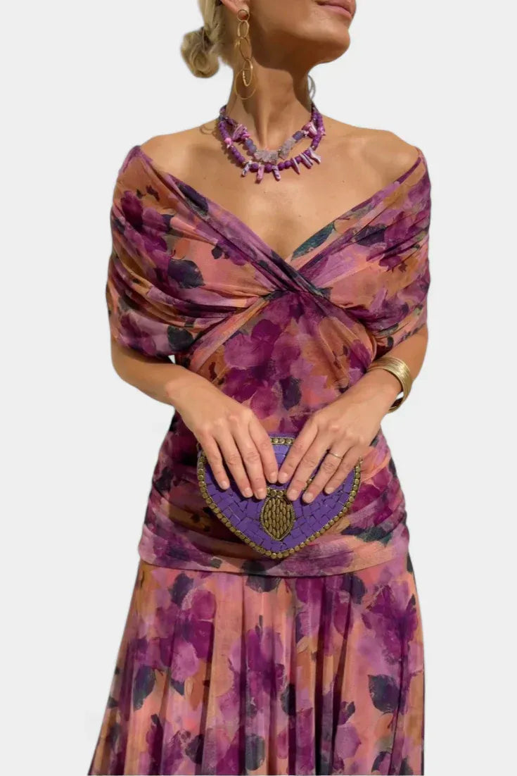 Vestido Feminino Longo Ombro a Ombro Estampado com Franzido – Positano