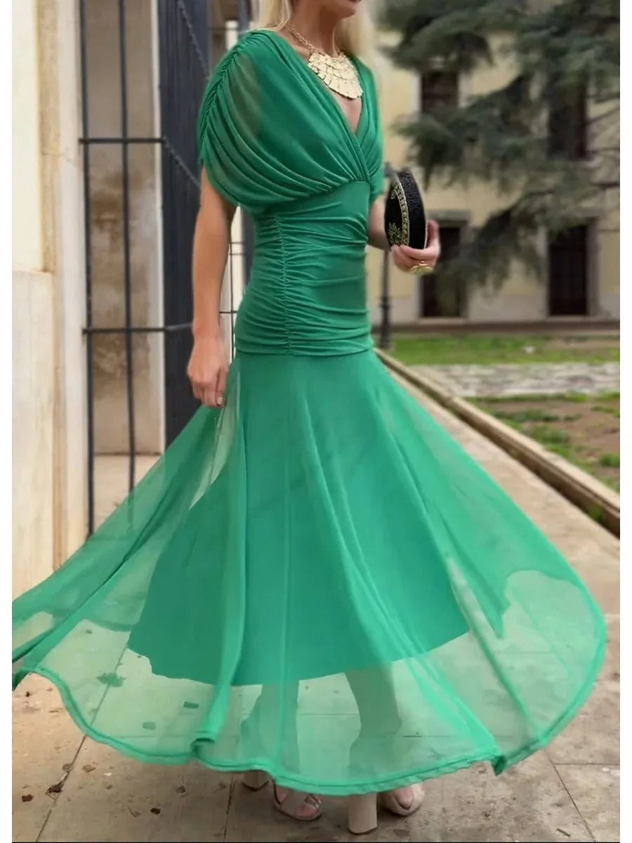 Vestido Feminino Longo Ombro a Ombro Estampado com Franzido – Positano