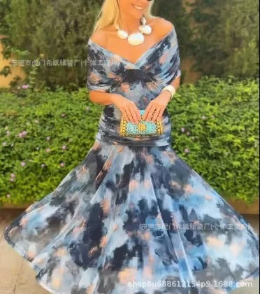 Vestido Feminino Longo Ombro a Ombro Estampado com Franzido – Positano
