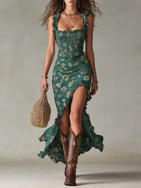 Vestido Feminino Longo Boho Floral com Fenda e Babados – Ibiza