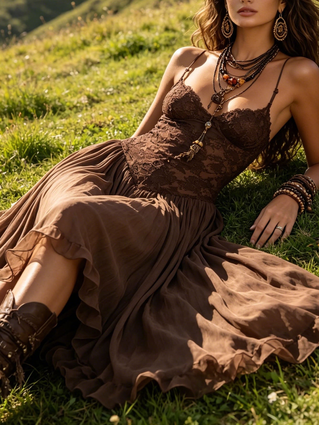 Vestido Feminino Longo Boho de Renda e Chiffon com Decote Coração – Sedona
