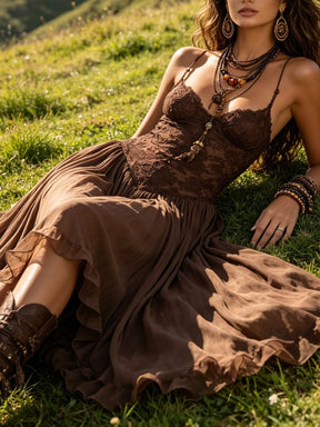 Vestido Feminino Longo Boho de Renda e Chiffon com Decote Coração – Sedona
