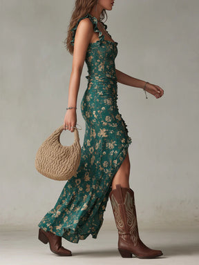 Vestido Feminino Longo Boho Floral com Fenda e Babados – Ibiza