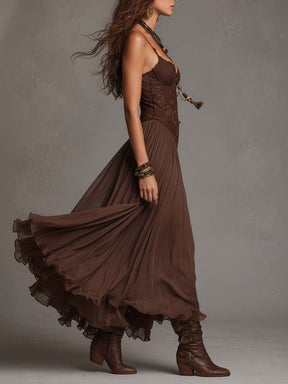 Vestido Feminino Longo Boho de Renda e Chiffon com Decote Coração – Sedona