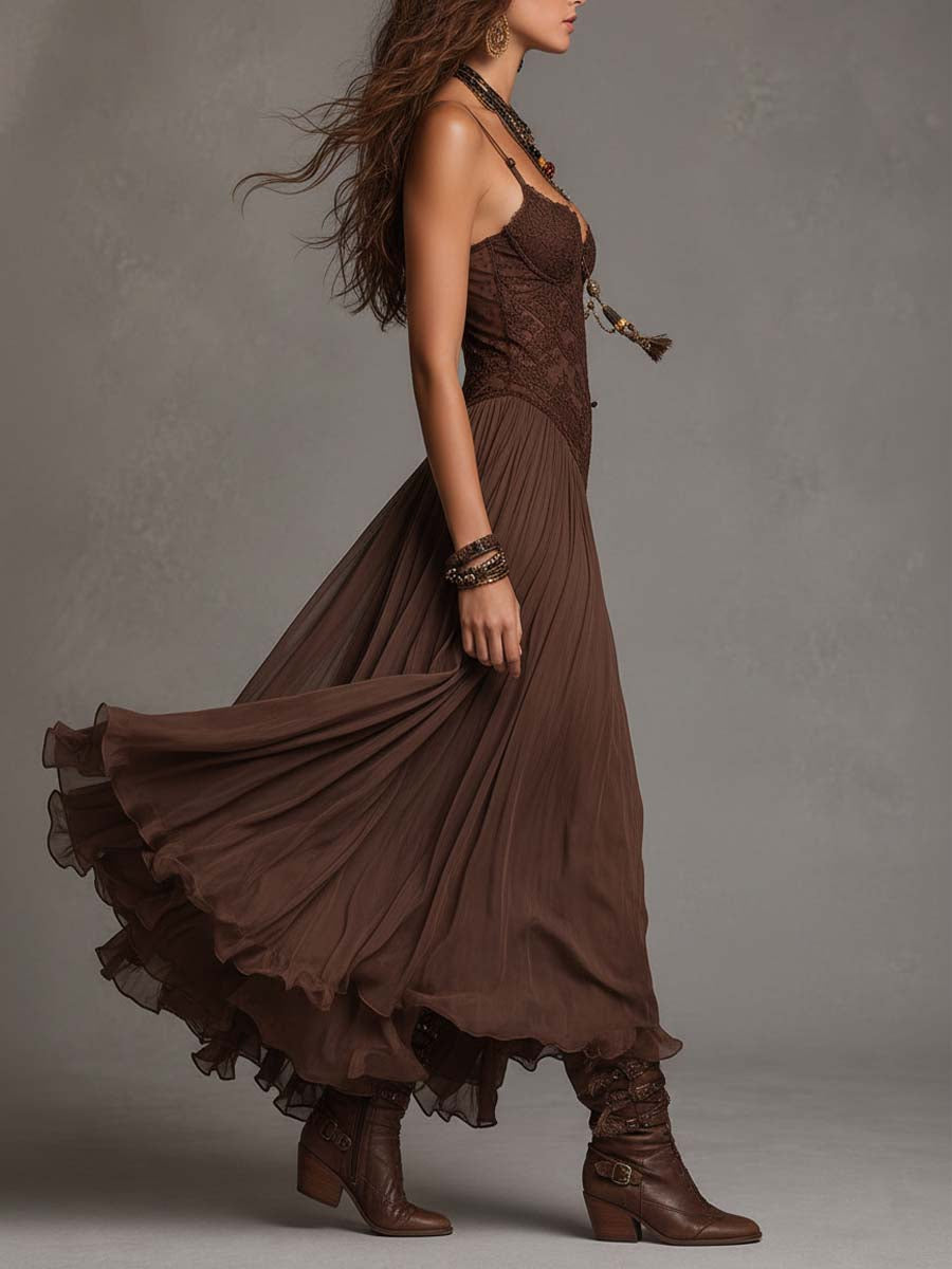 Vestido Feminino Longo Boho de Renda e Chiffon com Decote Coração – Sedona