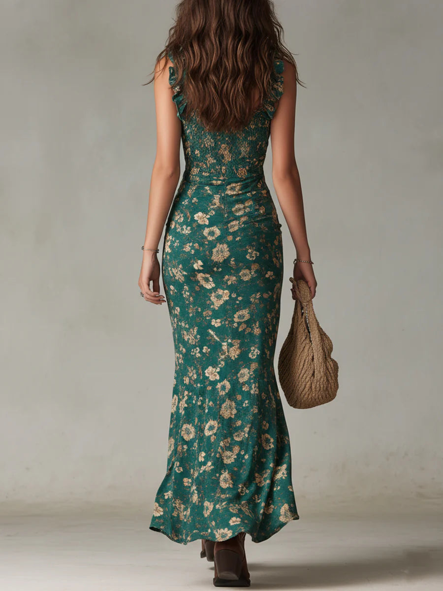 Vestido Feminino Longo Boho Floral com Fenda e Babados – Ibiza