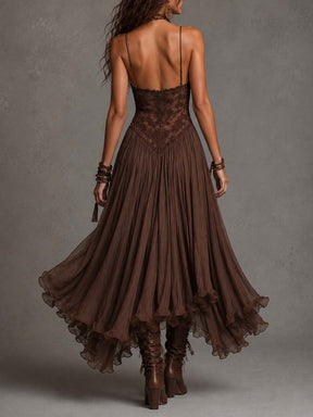 Vestido Feminino Longo Boho de Renda e Chiffon com Decote Coração – Sedona